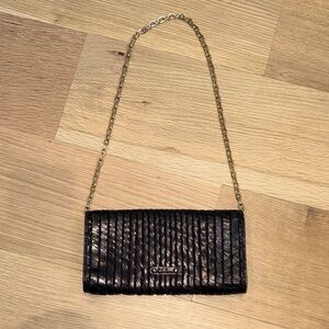 Cole Haan elegant woven leather Black Clutch purse with gold chain strap